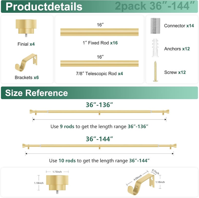 hei! dear 2 Pack Gold Curtain Rods 72 to 144 Inch(6-12ft),1 Inch Heavy Duty Adjustable Curtain Rod for Windows 66 to 120 Inch,Modern Decorative Drapery Poles,Gold - Image 5